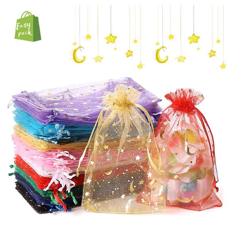 Set 100 Túi Dây Rút 100 Cái Hình Trăng Sao Đựng Kẹo Làm Quà Tặng Đám Cưới