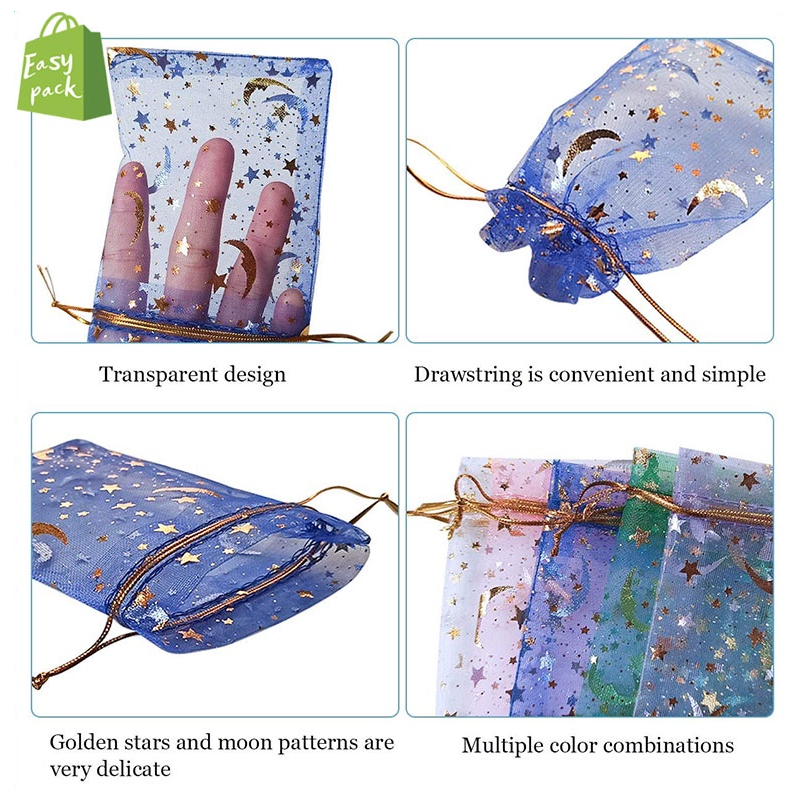 Set 100 Túi Dây Rút 100 Cái Hình Trăng Sao Đựng Kẹo Làm Quà Tặng Đám Cưới