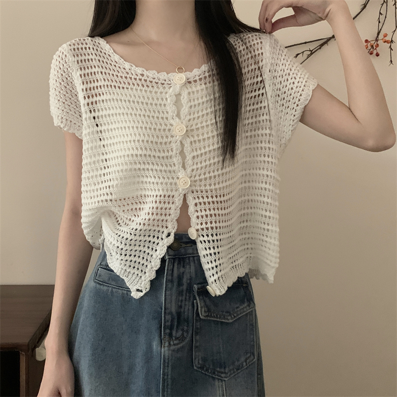 Lalisas Áo Dệt Kim Tay Ngắn Chống Nắng Dáng Rộng Điều Hòa Không Khí Thiết Kế Khoét Rỗng Phong Cách Hàn Quốc