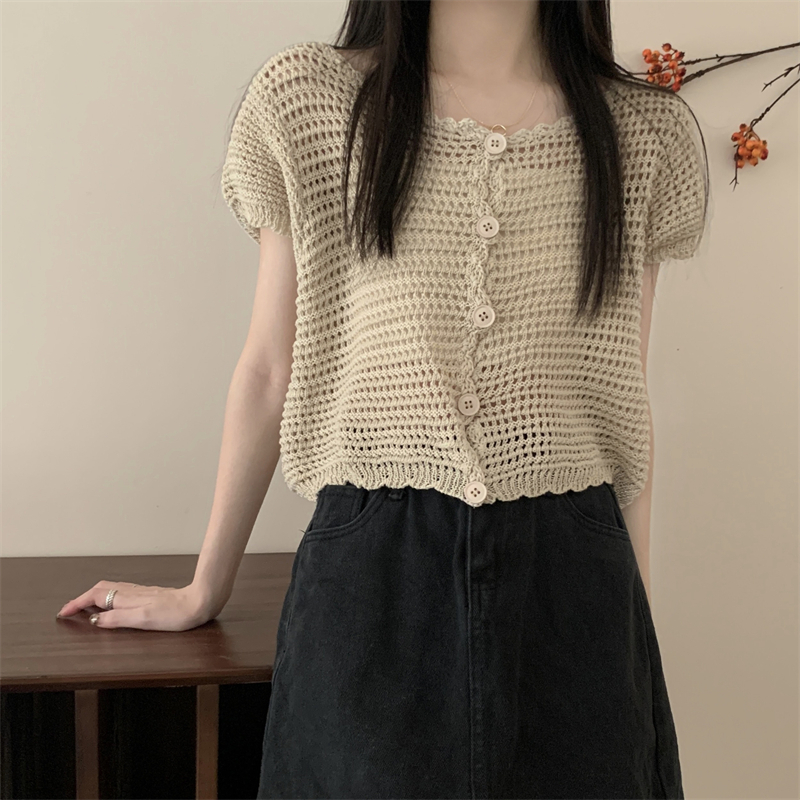 Lalisas Áo Dệt Kim Tay Ngắn Chống Nắng Dáng Rộng Điều Hòa Không Khí Thiết Kế Khoét Rỗng Phong Cách Hàn Quốc