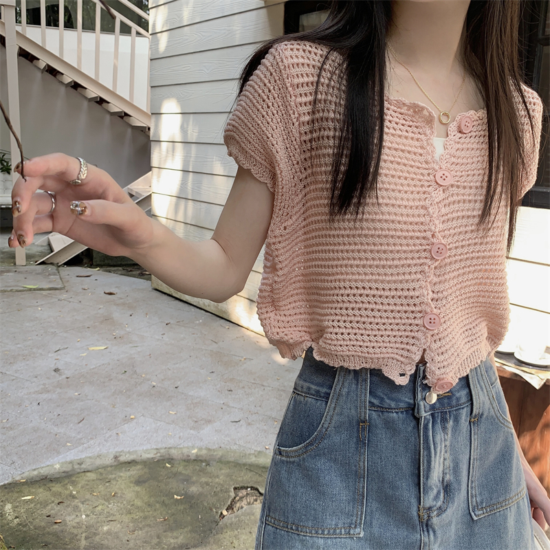 Lalisas Áo Dệt Kim Tay Ngắn Chống Nắng Dáng Rộng Điều Hòa Không Khí Thiết Kế Khoét Rỗng Phong Cách Hàn Quốc