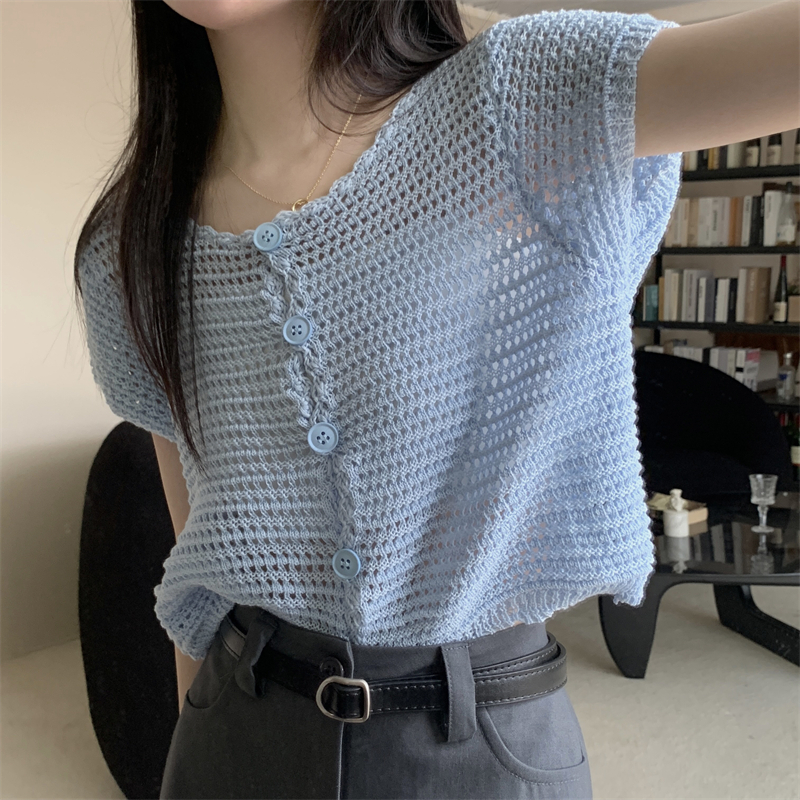 Lalisas Áo Dệt Kim Tay Ngắn Chống Nắng Dáng Rộng Điều Hòa Không Khí Thiết Kế Khoét Rỗng Phong Cách Hàn Quốc