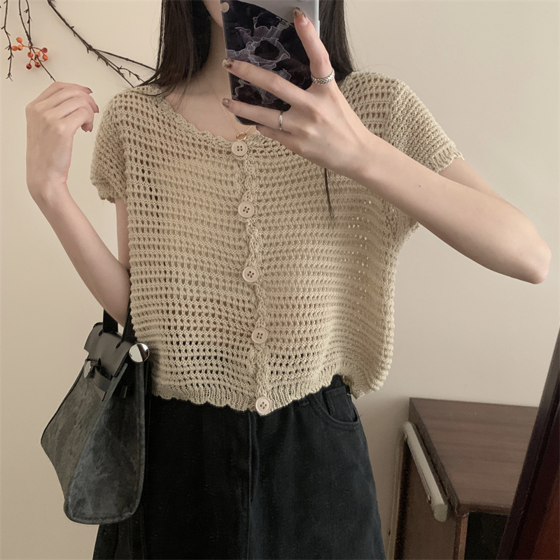 Lalisas Áo Dệt Kim Tay Ngắn Chống Nắng Dáng Rộng Điều Hòa Không Khí Thiết Kế Khoét Rỗng Phong Cách Hàn Quốc