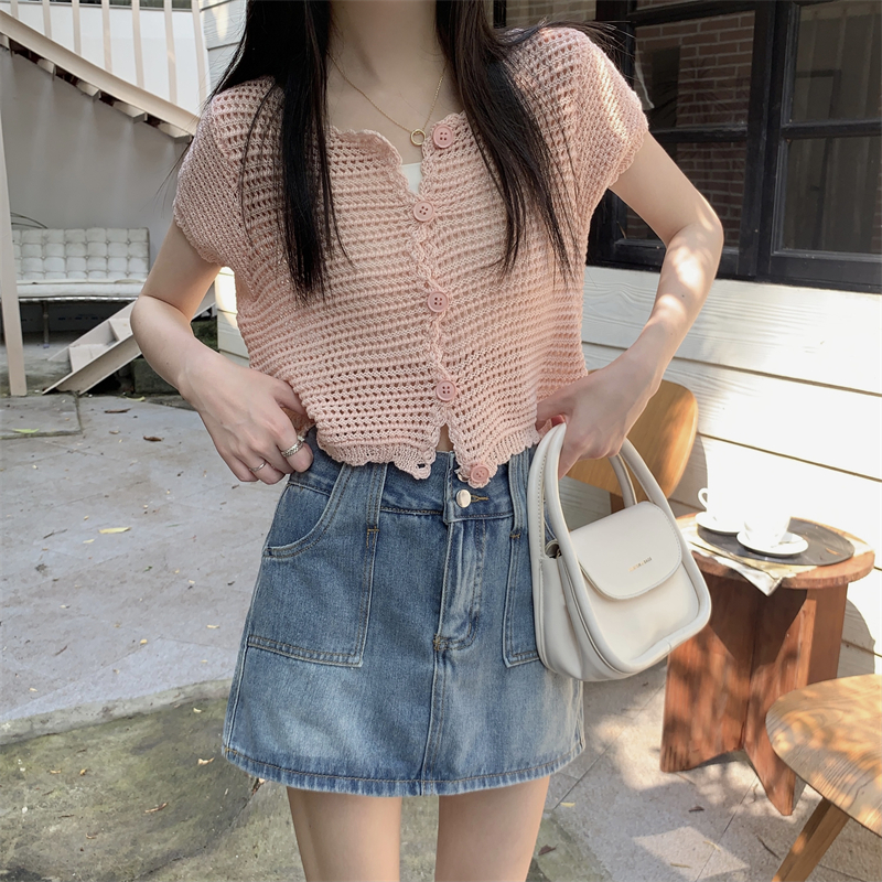 Lalisas Áo Dệt Kim Tay Ngắn Chống Nắng Dáng Rộng Điều Hòa Không Khí Thiết Kế Khoét Rỗng Phong Cách Hàn Quốc