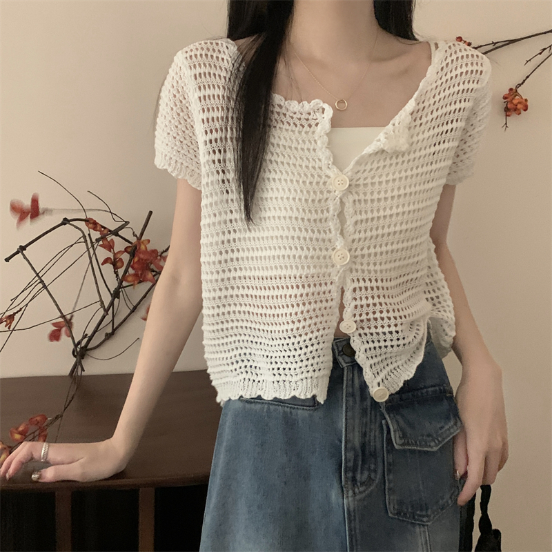 Lalisas Áo Dệt Kim Tay Ngắn Chống Nắng Dáng Rộng Điều Hòa Không Khí Thiết Kế Khoét Rỗng Phong Cách Hàn Quốc