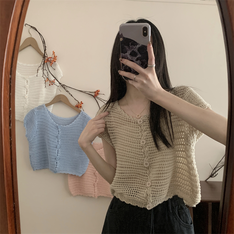 Lalisas Áo Dệt Kim Tay Ngắn Chống Nắng Dáng Rộng Điều Hòa Không Khí Thiết Kế Khoét Rỗng Phong Cách Hàn Quốc