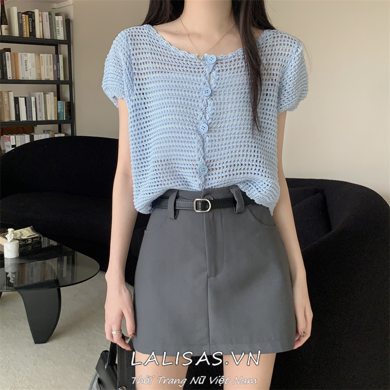 Lalisas Áo Dệt Kim Tay Ngắn Chống Nắng Dáng Rộng Điều Hòa Không Khí Thiết Kế Khoét Rỗng Phong Cách Hàn Quốc