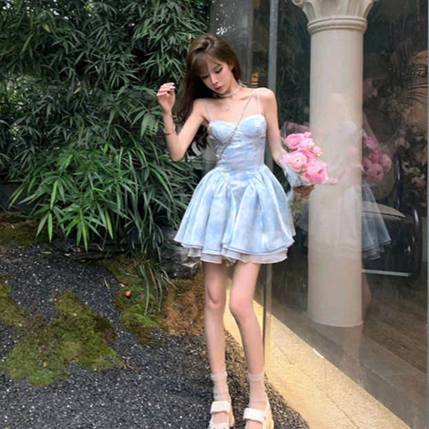 Đầm Công Chúa Mùa Hè Dáng Chữ a Cao Cấp Màu Nhuộm Vải Lưới Giả Xương Cá Phong Cách Pháp Ngọt Ngào Hàng Mới Dành Cho Bạn Gái