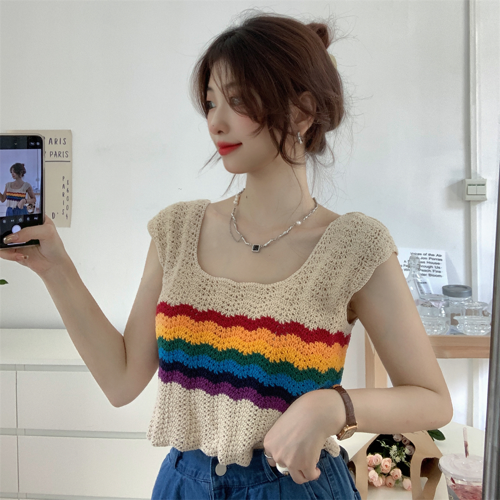 Lalisas Áo Lửng Hai Dây Khoét Lỗ Kẻ Sọc Cầu Vồng Cá Tính Khí Chất Mặc Ngoài Cho Nữ niche