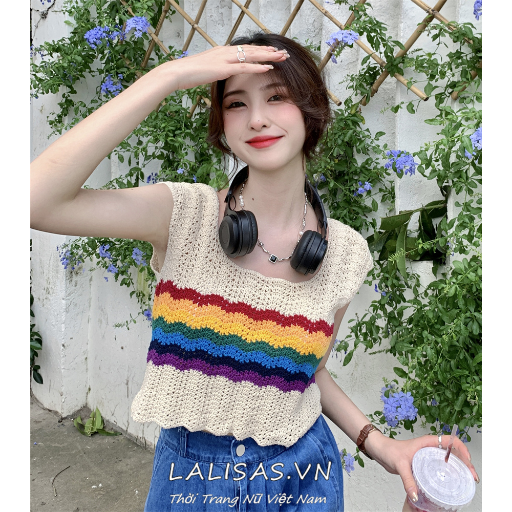 Lalisas Áo Lửng Hai Dây Khoét Lỗ Kẻ Sọc Cầu Vồng Cá Tính Khí Chất Mặc Ngoài Cho Nữ niche