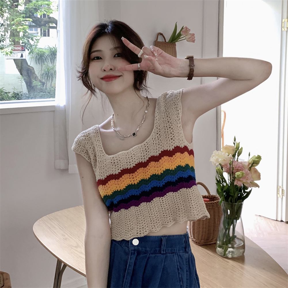 Lalisas Áo Lửng Hai Dây Khoét Lỗ Kẻ Sọc Cầu Vồng Cá Tính Khí Chất Mặc Ngoài Cho Nữ niche