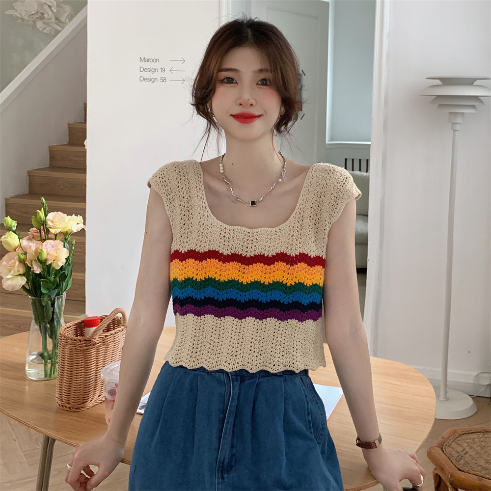 Lalisas Áo Lửng Hai Dây Khoét Lỗ Kẻ Sọc Cầu Vồng Cá Tính Khí Chất Mặc Ngoài Cho Nữ niche