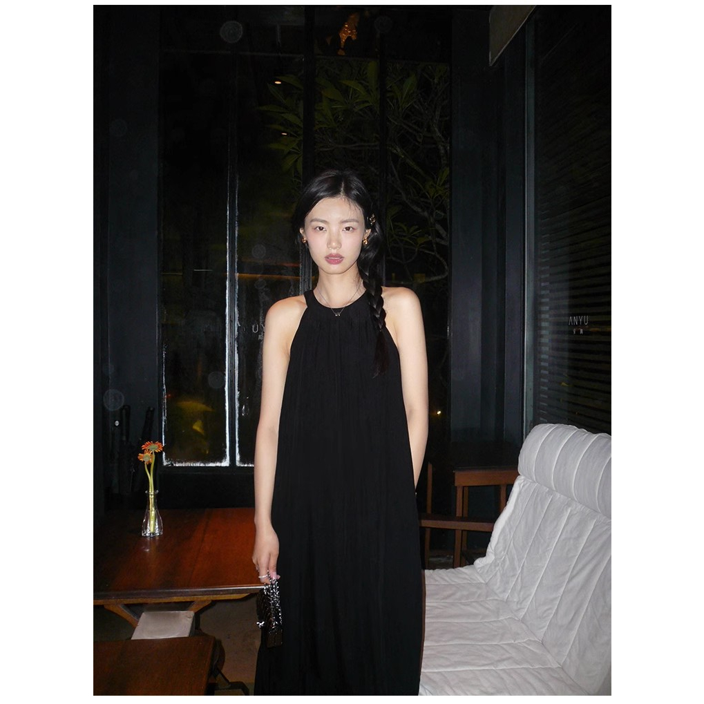 Đầm Dài Hai Dây Dáng Rộng Màu Đen Thời Trang Mùa Hè Xinh Xắn Cho Nữ