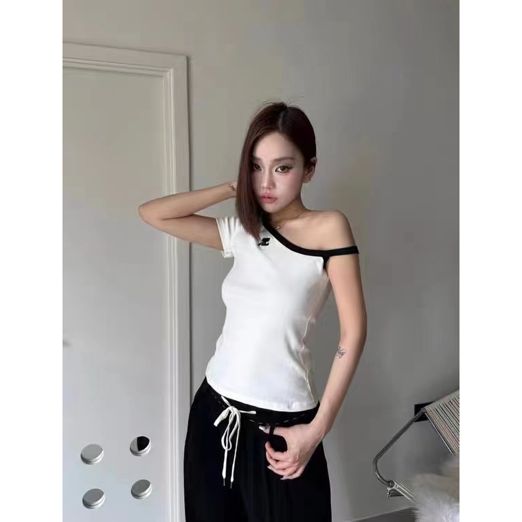 Courreges LE SSERAFIM Sakura Áo Thun Cotton Ngắn Tay Trễ Vai Thêu Họa Tiết Phong Cách Mỹ Cho Nữ