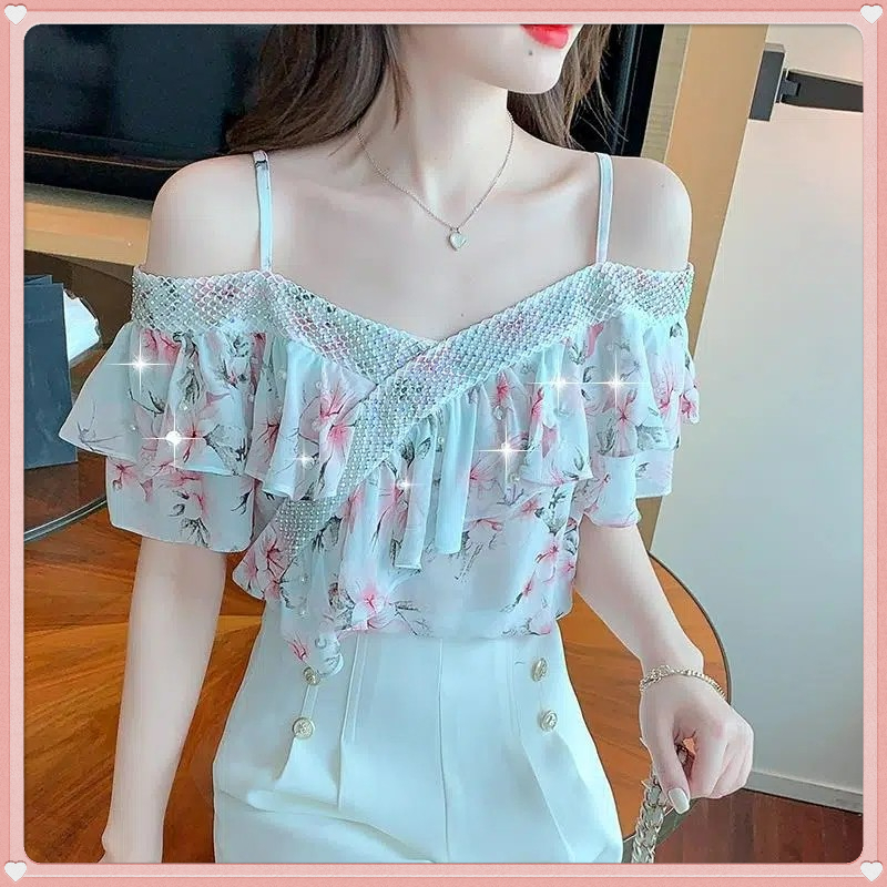 Áo Sơ Mi Chiffon Trễ Vai Tay Ngắn Phối Bèo Đính Hạt Thời Trang Công Nghiệp Cho Nữ 2023