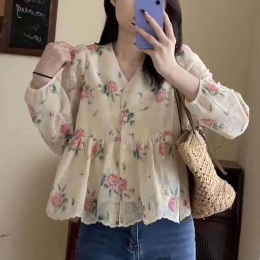 Áo Kiểu Tay Dài Phồng Cổ Chữ V Thêu Hoa Phong Cách Hàn Quốc Thời Trang Cho Nữ