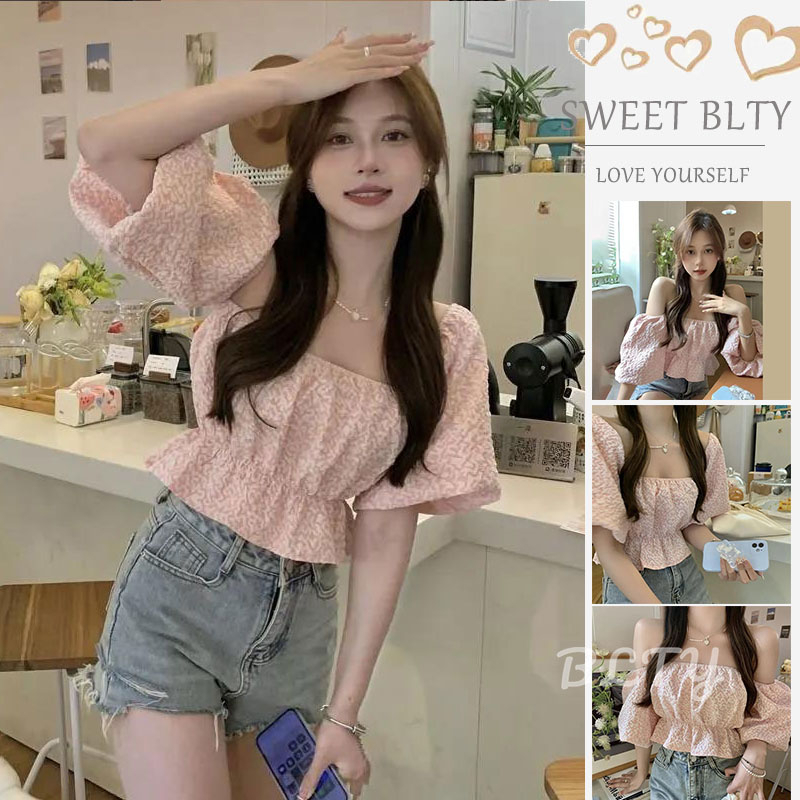 BLTY Áo Sơ Mi Tay Ngắn Phồng Trễ Vai Màu Trơn Phong Cách Pháp Thời Trang Cho Nữ