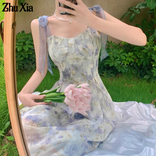 ZhuXia Đầm Hai Dây Họa Tiết Hoa Phong Cách Pháp Thời Trang Cho Nữ