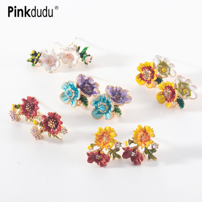 Khuyên tai Pinkdudu PD352 hình hoa cúc tráng men nhiều màu phong cách Hàn Quốc dễ thương xinh xắn