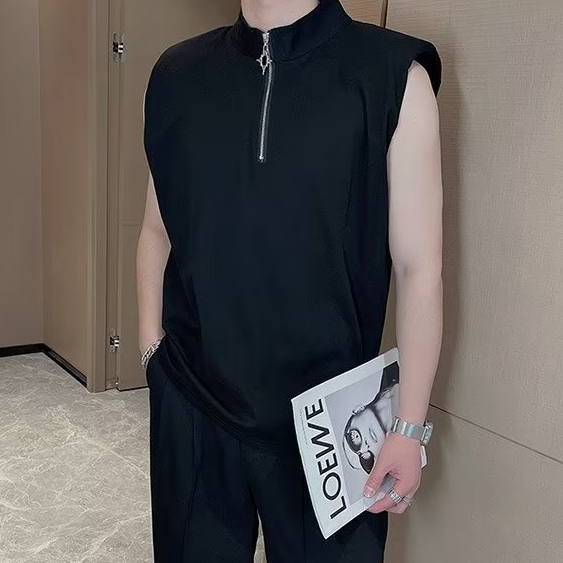 Áo Ba Lỗ Cổ Tròn Dáng Rộng Màu Trơn Phối Khóa Kéo Thời Trang Mùa Hè Trẻ Trung Cho Nam