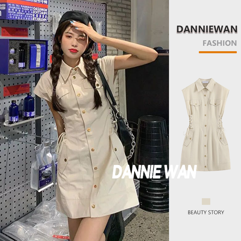 DannieWan chân váy váy polo nữ váy sơ mi thắt eo váy sơ mi A22M1OG