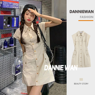 DannieWan chân váy váy polo nữ váy sơ mi thắt eo váy sơ mi A22M1OG