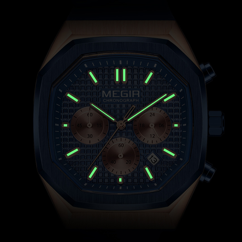 Megir Đồng Hồ Thể Thao Ba Kim Hình Bát Giác Dây Silicone Chống Nước Dành Cho Nam