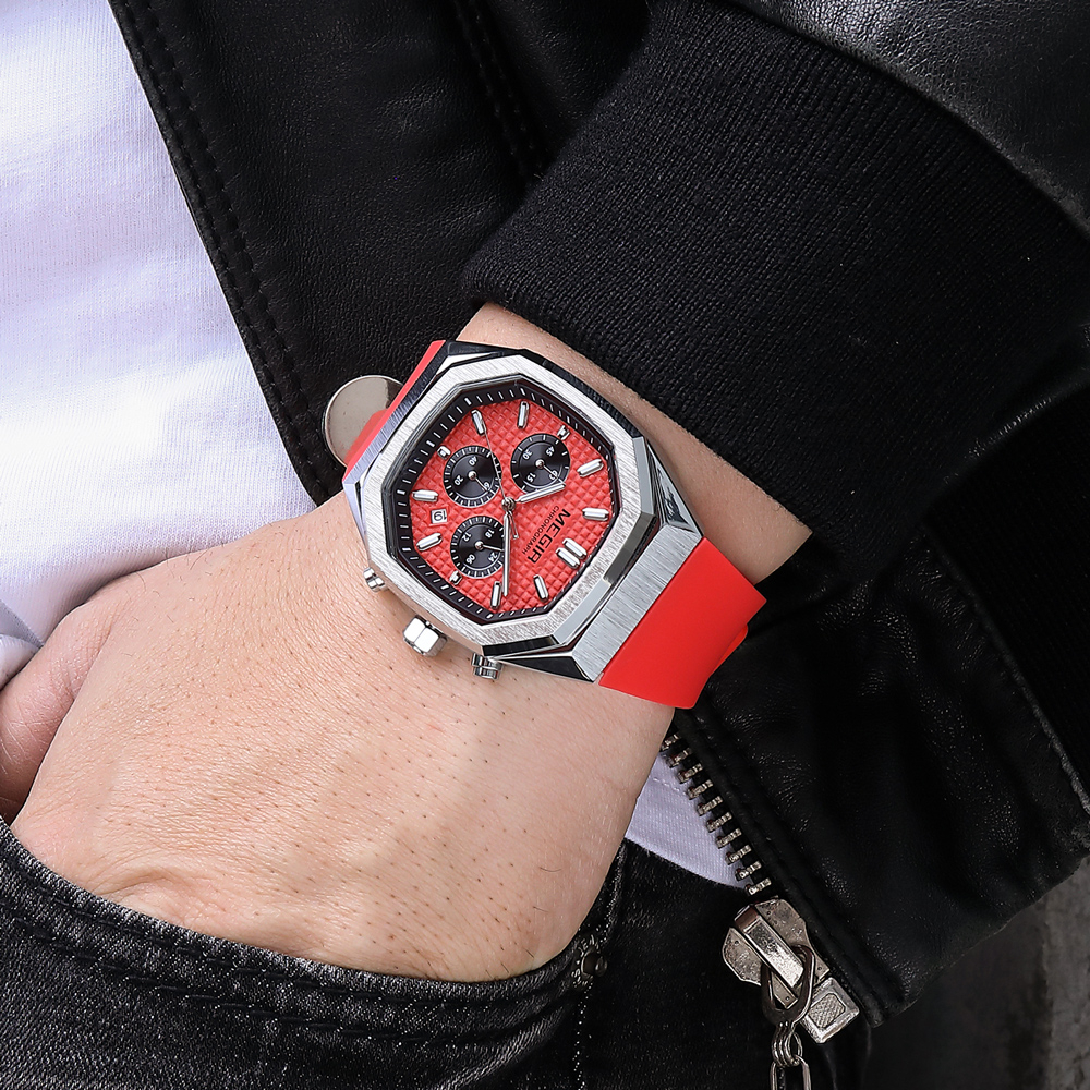 Megir Đồng Hồ Thể Thao Ba Kim Hình Bát Giác Dây Silicone Chống Nước Dành Cho Nam