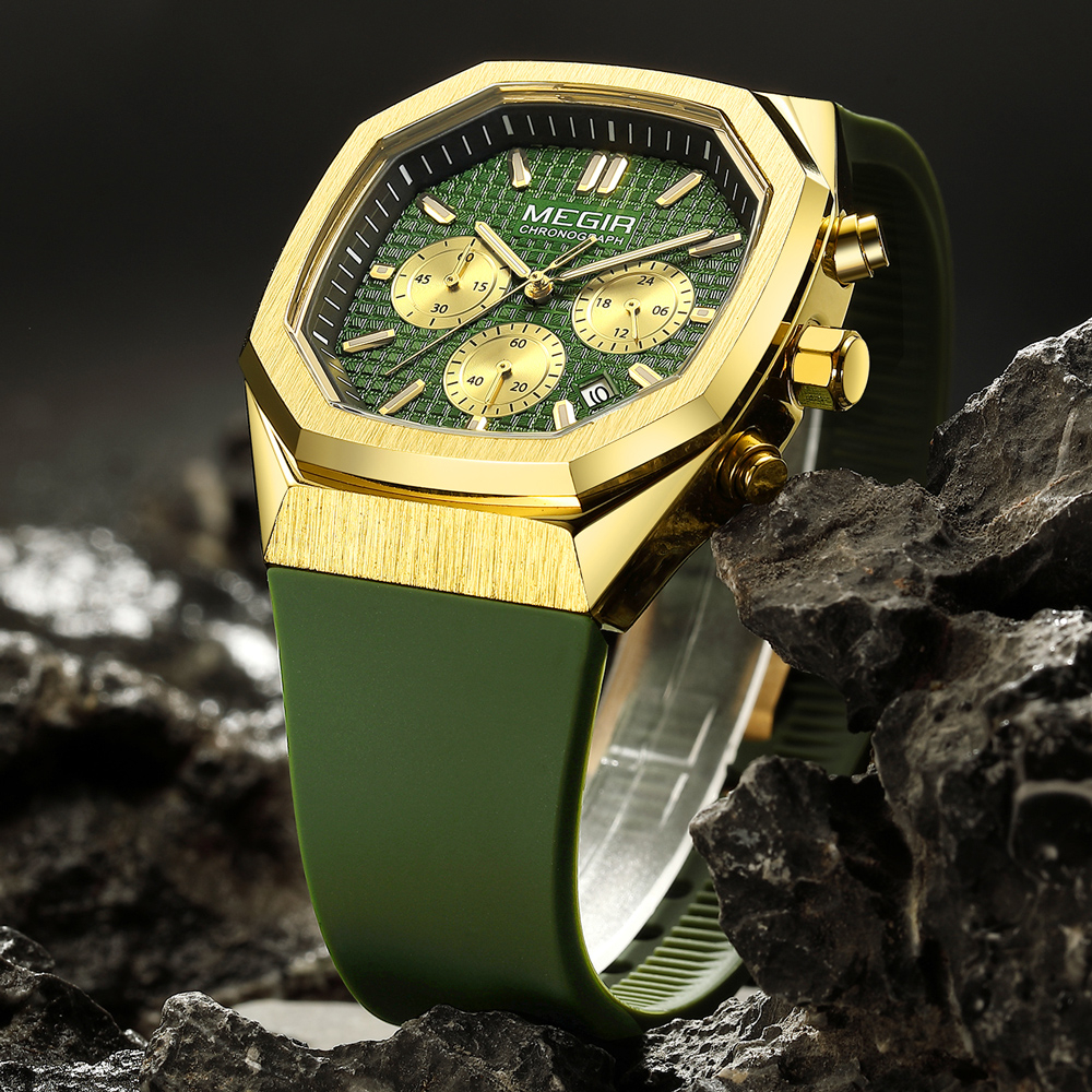 Megir Đồng Hồ Thể Thao Ba Kim Hình Bát Giác Dây Silicone Chống Nước Dành Cho Nam