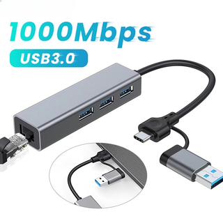 Bộ Chia 3 Cổng USB Type C Sang LAN RJ45 LAN Ethernet adapter 1000Mbps Cho Windows 10 11 Mac OS