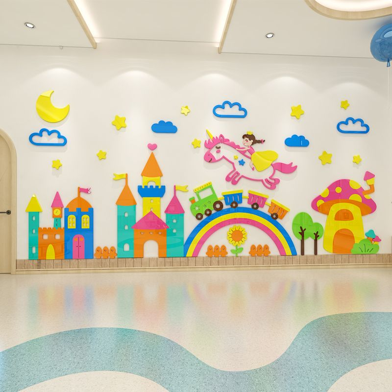 Mẫu giáo cầu vồng pony bức tranh mica cô gái phim hoạt hình chủ đề lâu đài bố trí nền tường lớp học lớp học hành lang lối đi hội trường acrylic 3d miếng dán trang trí ba chiều