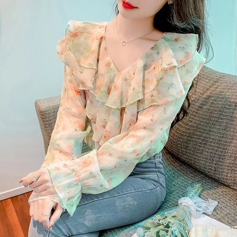 Áo Sơ Mi Chiffon Tay Dài Phối Bèo Họa Tiết Hoa Phong Cách Hàn Quốc Cho Nữ