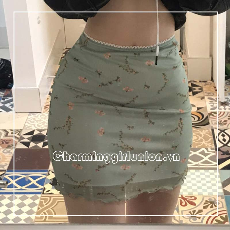 Chân váy phối lưới ôm dáng họa tiết hoa gợi cảm thời trang nữ
