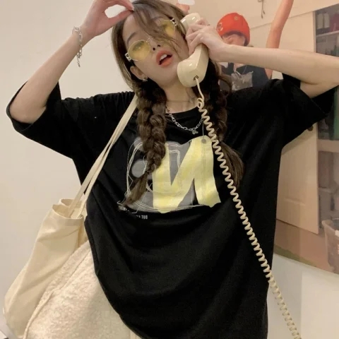 Lalisas Áo Thun cotton Nguyên Chất Tay Ngắn Cổ Thuyền Dáng Rộng In Hình Phong Cách Hàn Quốc Cho Nữ