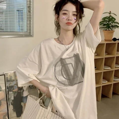Lalisas Áo Thun cotton Nguyên Chất Tay Ngắn Cổ Thuyền Dáng Rộng In Hình Phong Cách Hàn Quốc Cho Nữ