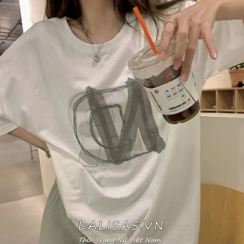 Lalisas Áo Thun cotton Nguyên Chất Tay Ngắn Cổ Thuyền Dáng Rộng In Hình Phong Cách Hàn Quốc Cho Nữ