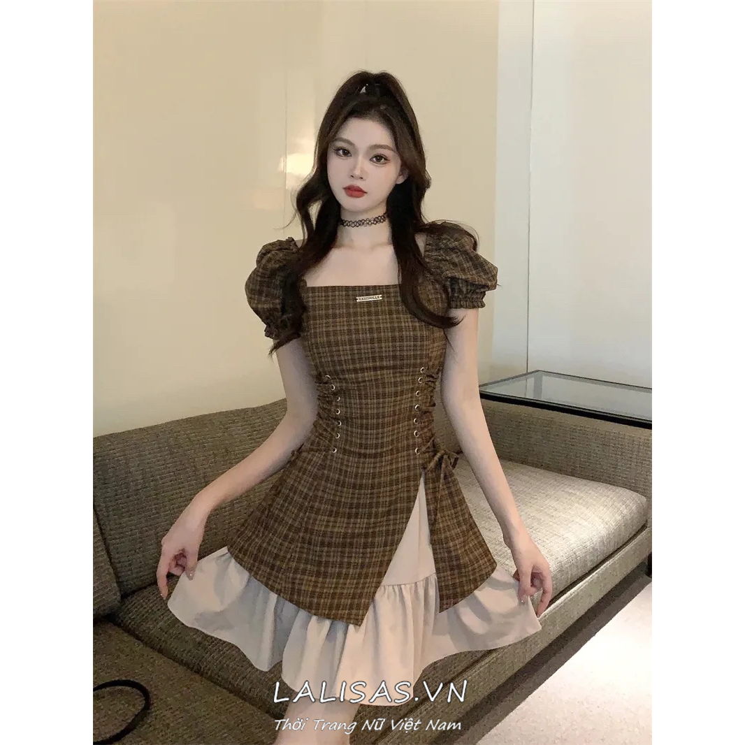 Lalisas Đầm Cổ Vuông Ghép Nối Hai Mảnh Kẻ Sọc Caro Phong Cách Pháp Cổ Điển Cho Nữ