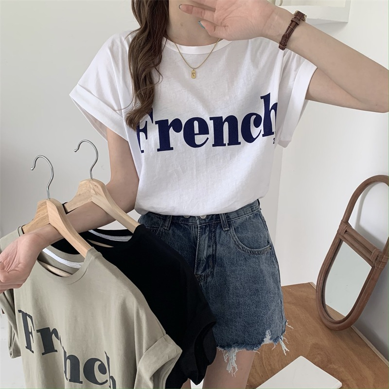 Áo Thun Nữ Ngắn Tay In Chữ Phong Cách retro Hàn Quốc