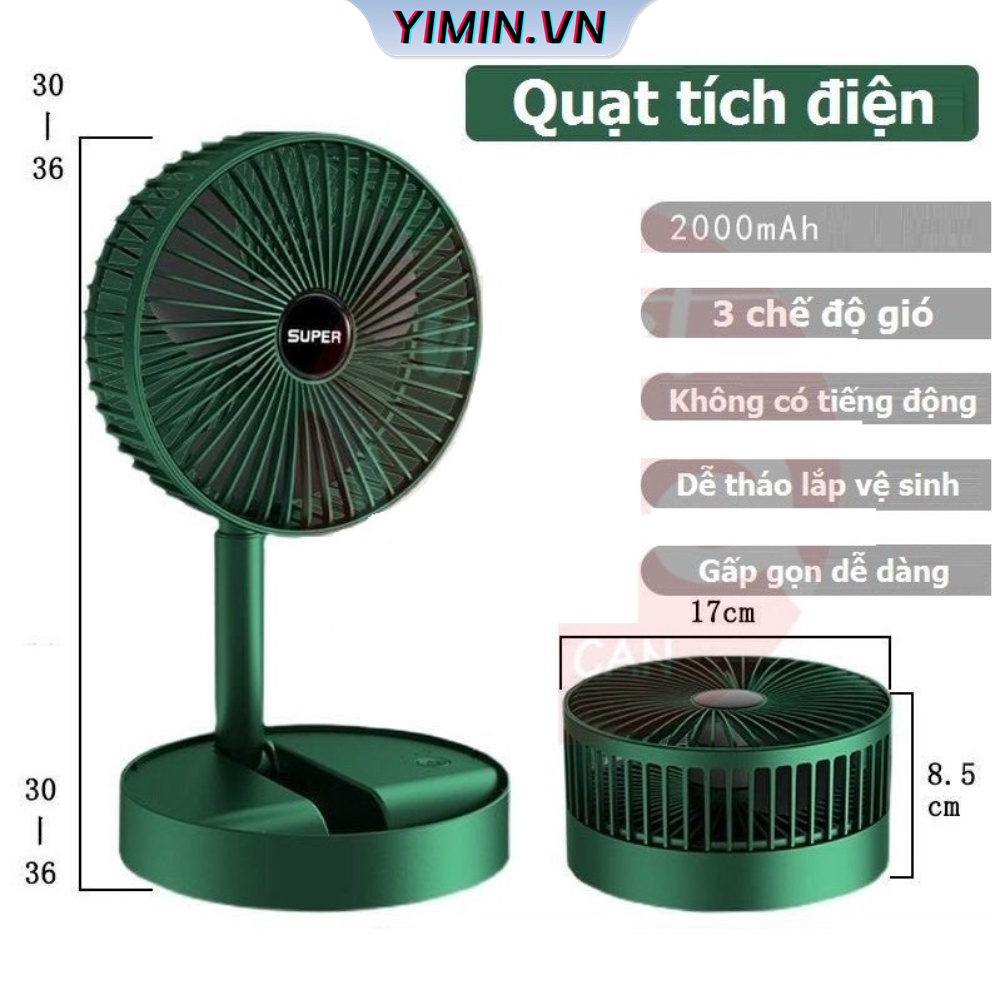 Quạt tích điện để bàn mini Super gấp gọn có thể kéo dài 3 tốc độ gió xoay 270 cổng sạc usb tiện dụng 18Z23042401