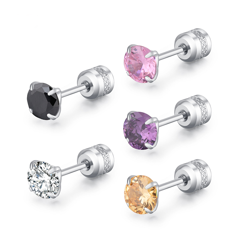 Khuyên tai thép titan bạc 925 đính đá zircon nhiều màu sắc 6mm cho nam và nữ