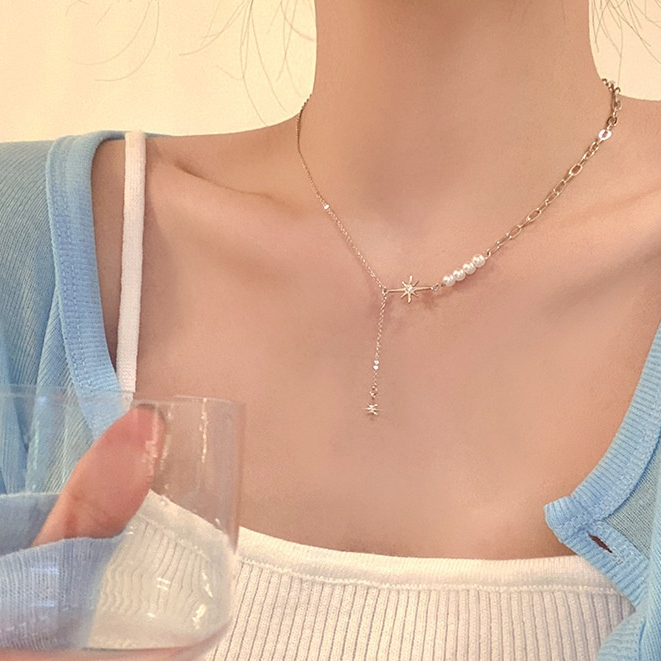 Vòng cổ Mặt Ngôi Sao Năm Cánh Đính Ngọc Trai Thiết Kế Tinh Tế Phong Cách Mùa Hè Mới Vòng cổ xương đòn