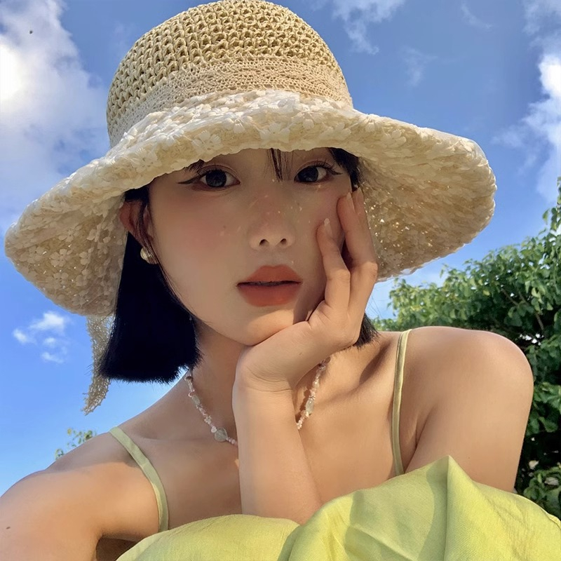 Nón Cói Rộng Vành Phối Nơ Ren Thoáng Khí Thời Trang Đi Biển Mùa Hè Phong Cách Hàn Quốc Cho Nữ