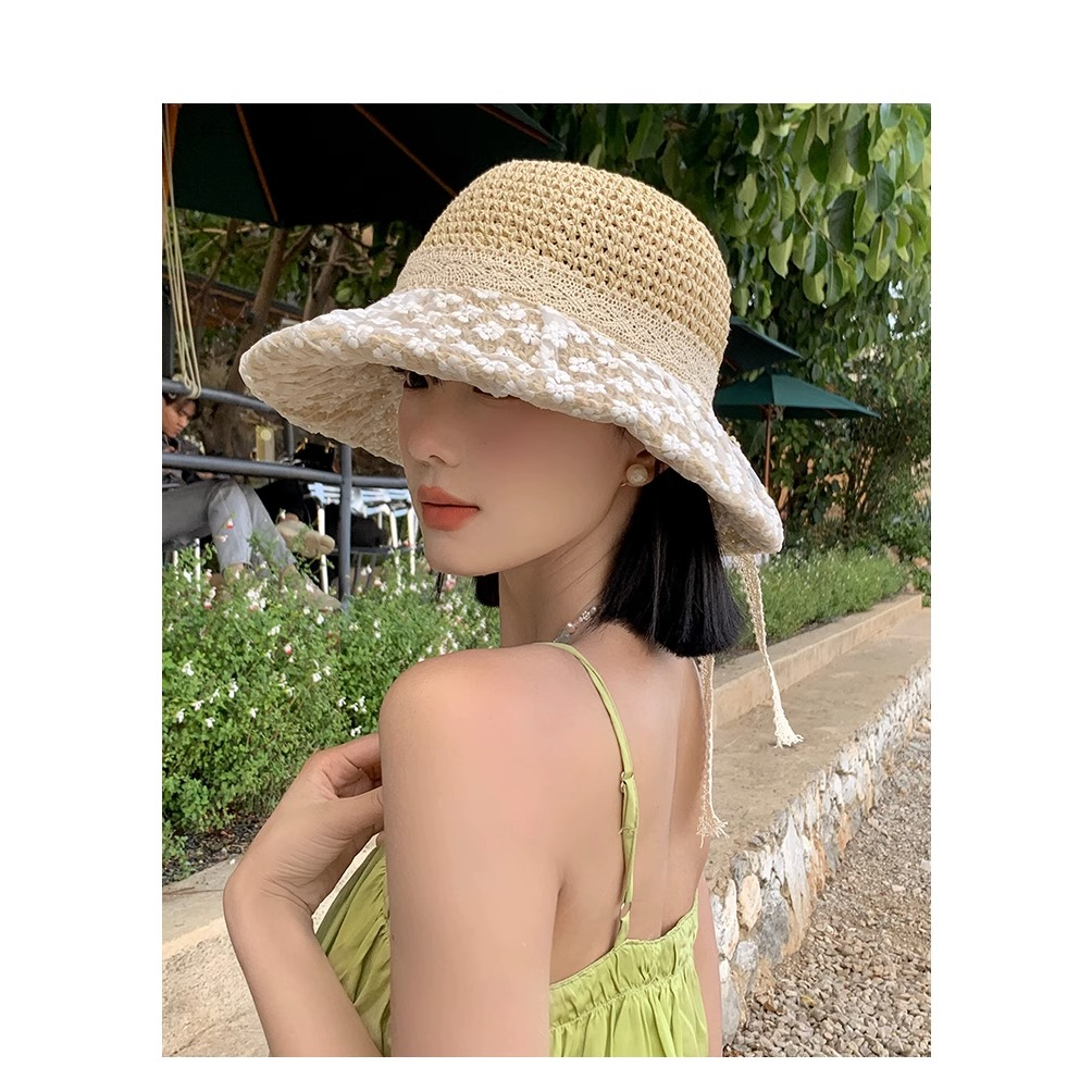 Nón Cói Rộng Vành Phối Nơ Ren Thoáng Khí Thời Trang Đi Biển Mùa Hè Phong Cách Hàn Quốc Cho Nữ