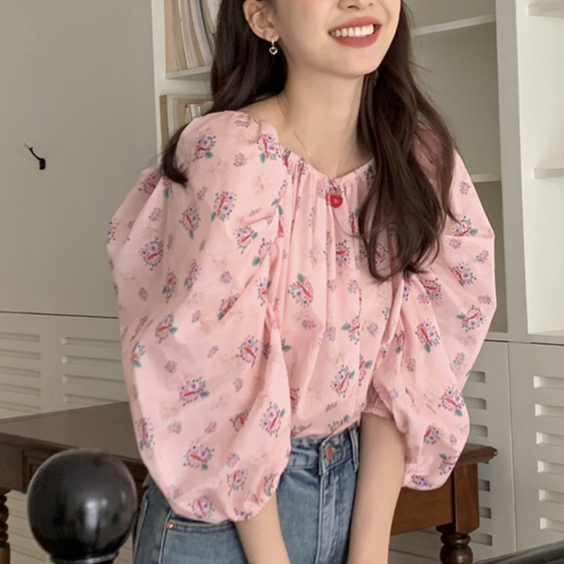 Áo Sơ Mi Tay Phồng 3 / 4 Trễ Vai Họa Tiết Hoa Xinh Xắn Cho Nữ