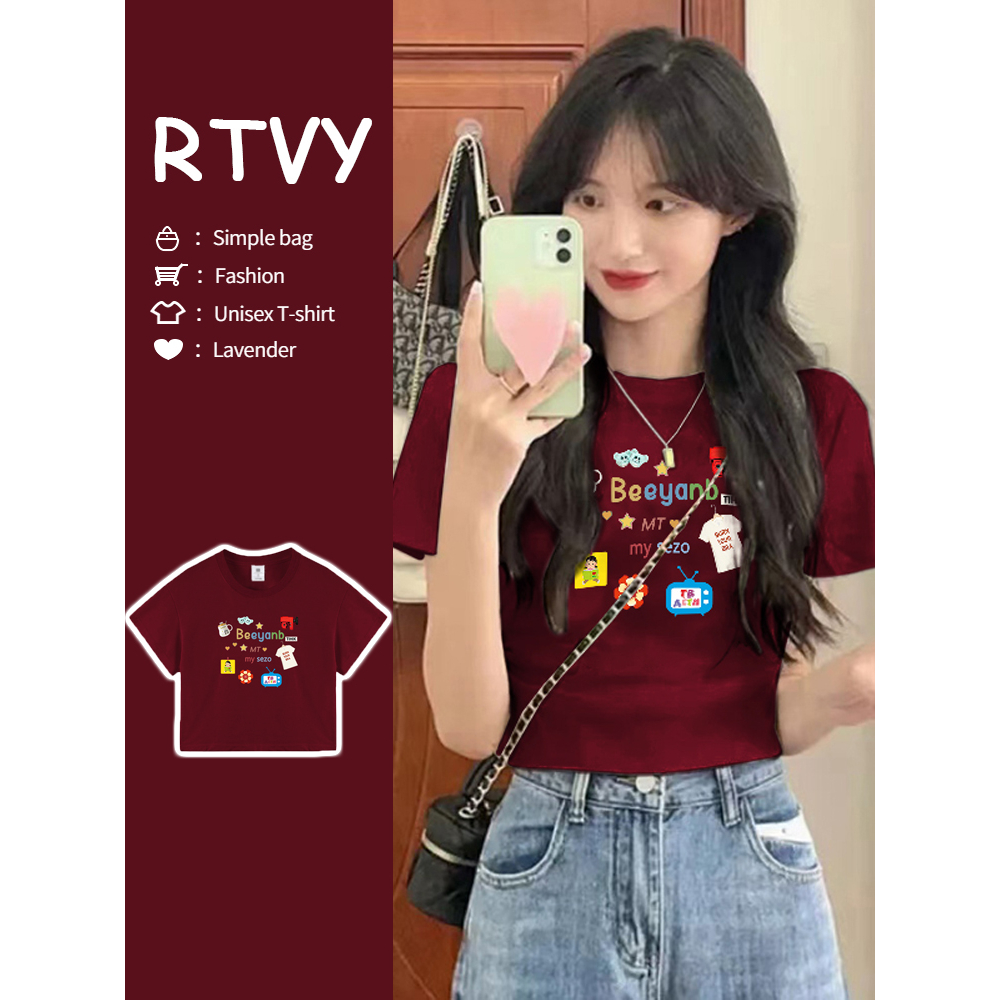 Áo Thun Croptop Tay Ngắn Dáng Ôm Màu Đỏ Rượu Thời Trang Mùa Hè y2k