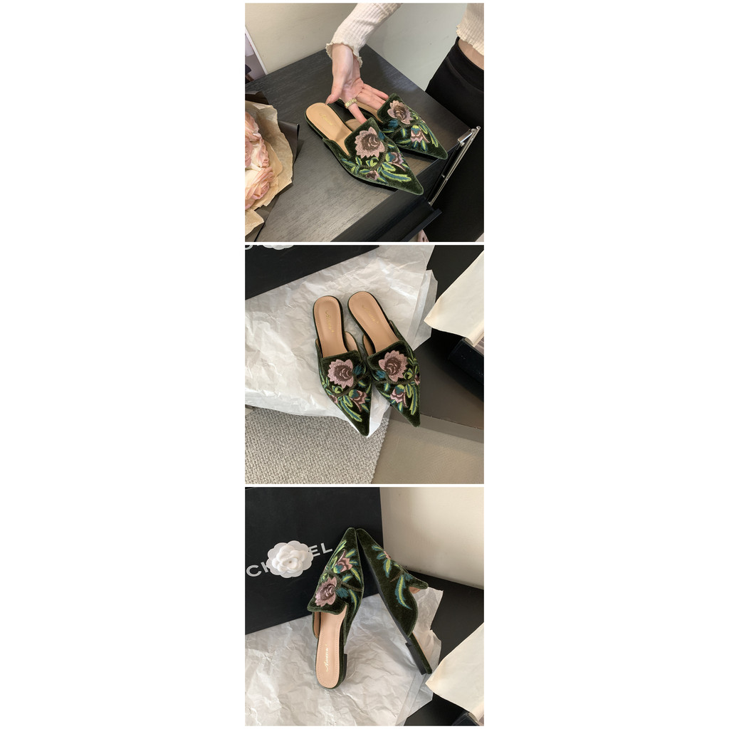 Xăng đan Đế Bệt Mũi Nhọn Thêu Hoa Xinh Xắn Thời Trang Nữ Size 35-40