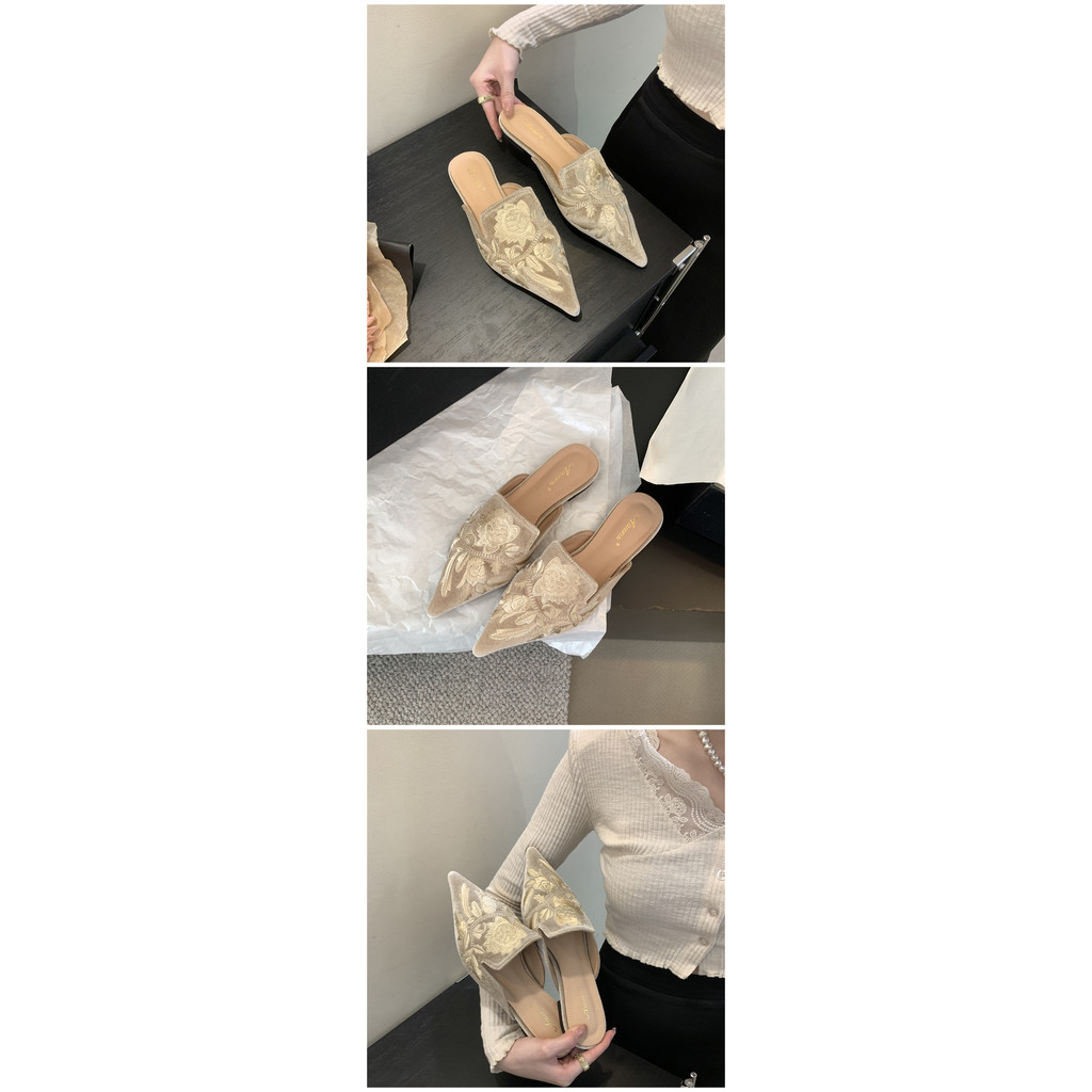 Xăng đan Đế Bệt Mũi Nhọn Thêu Hoa Xinh Xắn Thời Trang Nữ Size 35-40