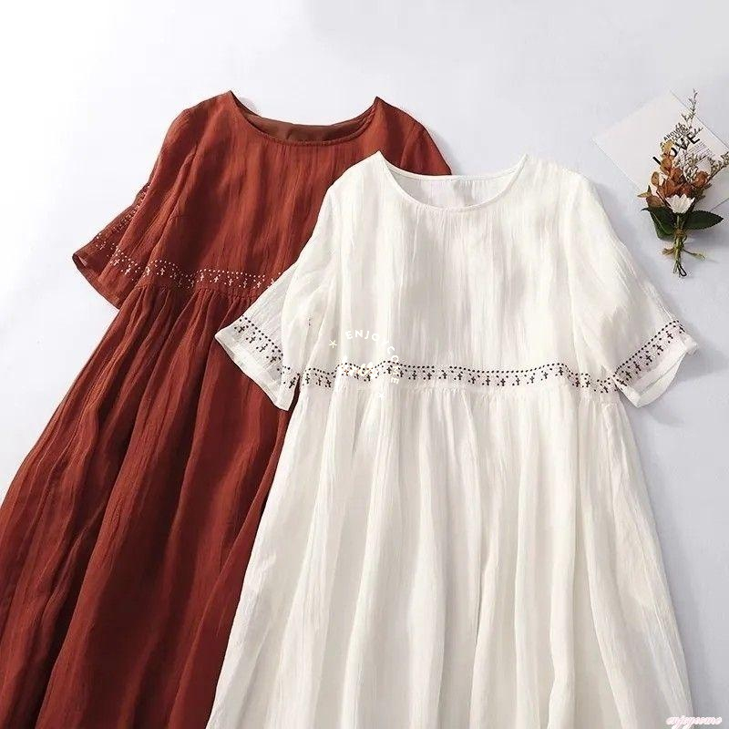 Đầm Cotton Ngắn Tay Dáng Rộng Thêu Họa Tiết Thời Trang Mùa Hè 2023