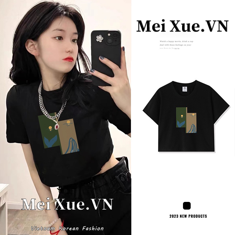 Áo croptop tay ngắn cổ tròn dáng rộng in họa tiết phong cách hip hop Hàn Quốc cá tính có 2 màu đen/trắng