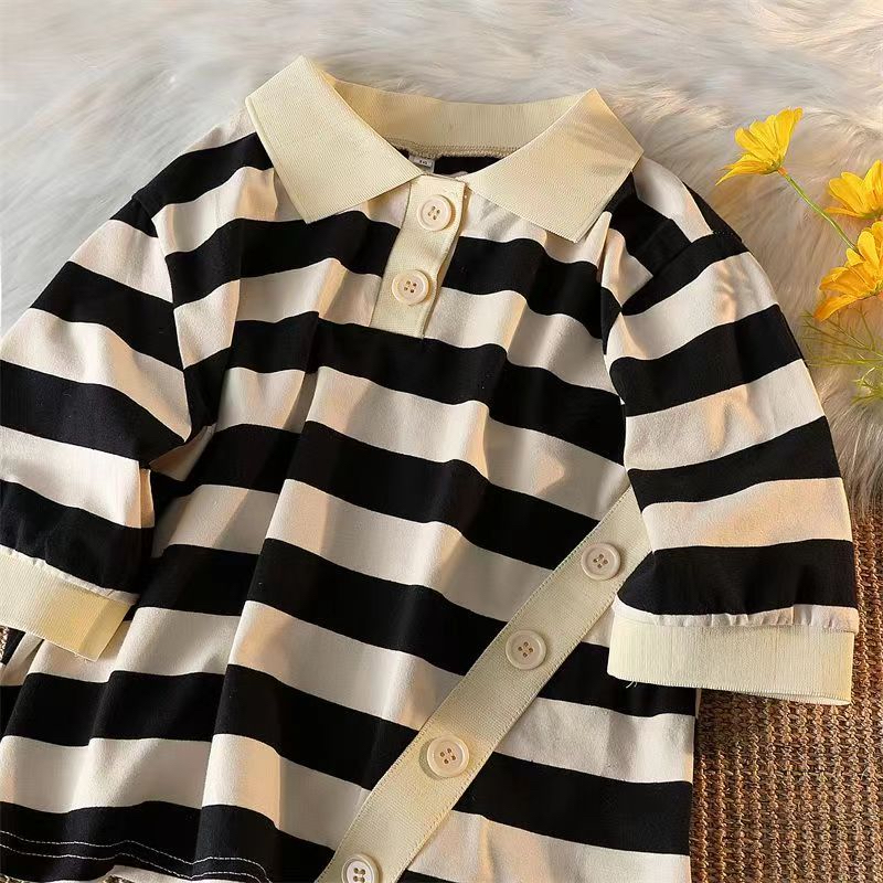 Áo Thun polo Ngắn Tay Họa Tiết Kẻ Sọc Ngang Phong Cách Hàn Quốc Cho Bé Gái 12-14 Tuổi